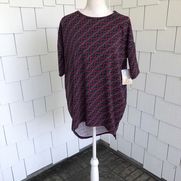 LuLaRoe Tops - LulaRoe Women's Maroon/Navy Floral Hi-Low Hem Half Sleeve Irma Tunic Top Sz XS